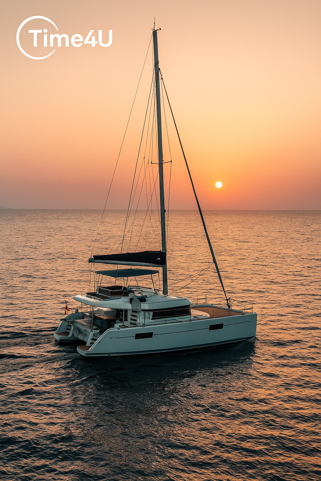 Luxury catamaran sailing at sunset with Time4U watermark