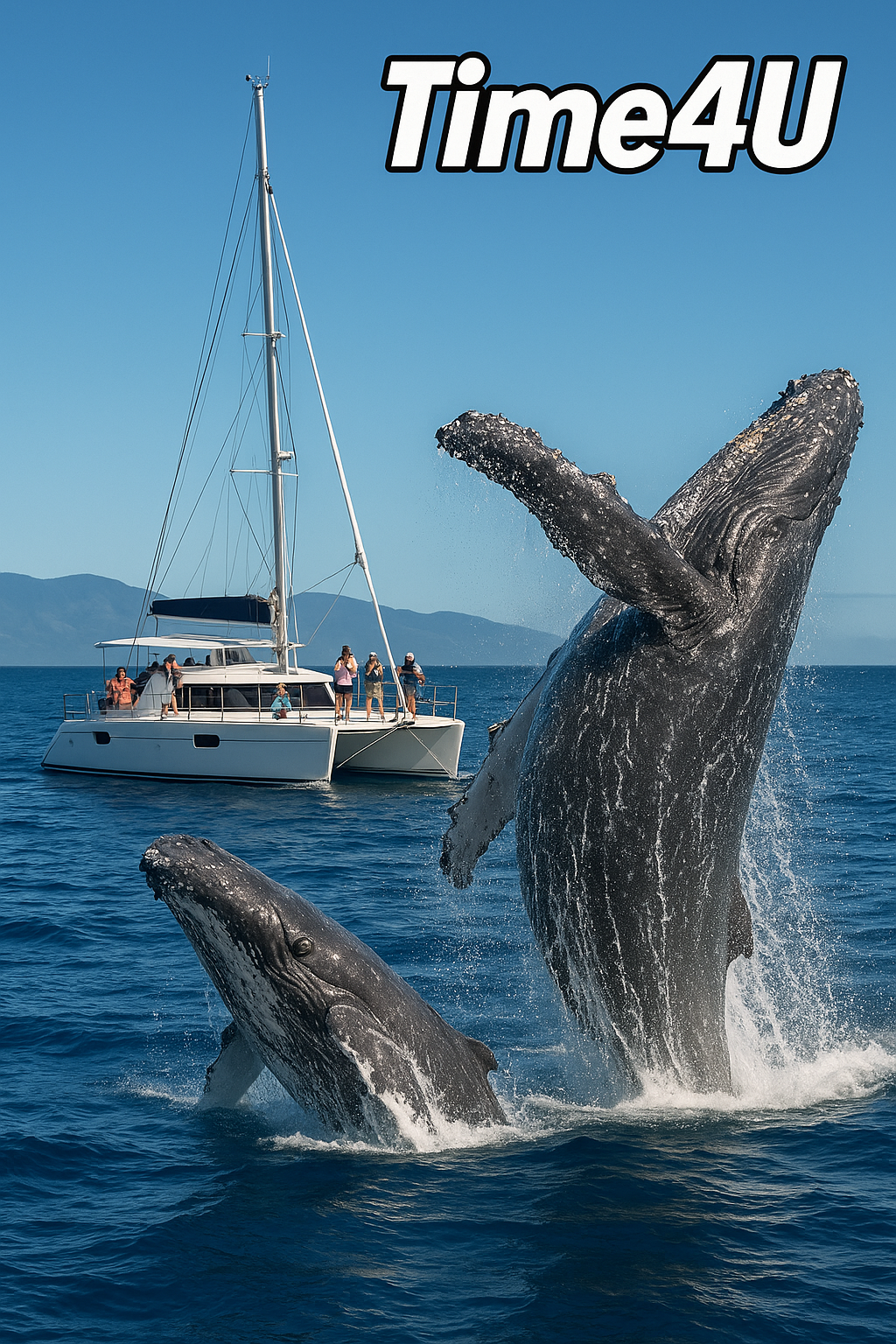 Luxury catamaran sailing alongside breaching whales on a sunny day in Mexico